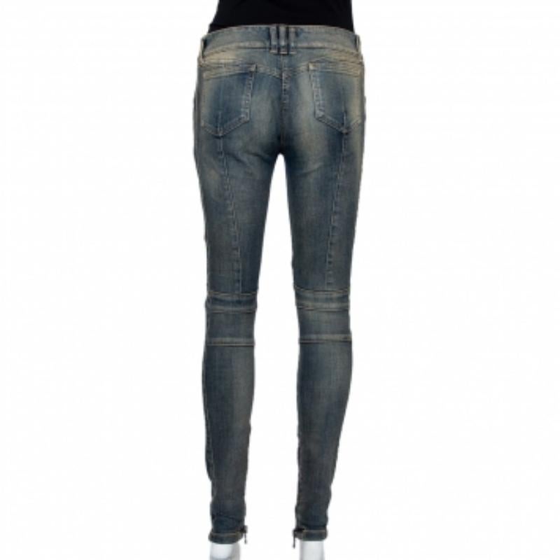 Balmain Blue Denim Quilted Detail Faded Effect Biker Jeans M In Fair Condition For Sale In Dubai, Al Qouz 2