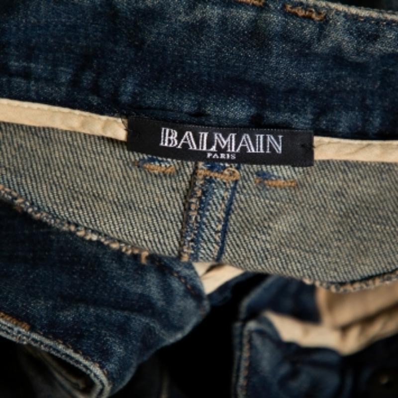 Women's Balmain Blue Denim Quilted Detail Faded Effect Biker Jeans M For Sale