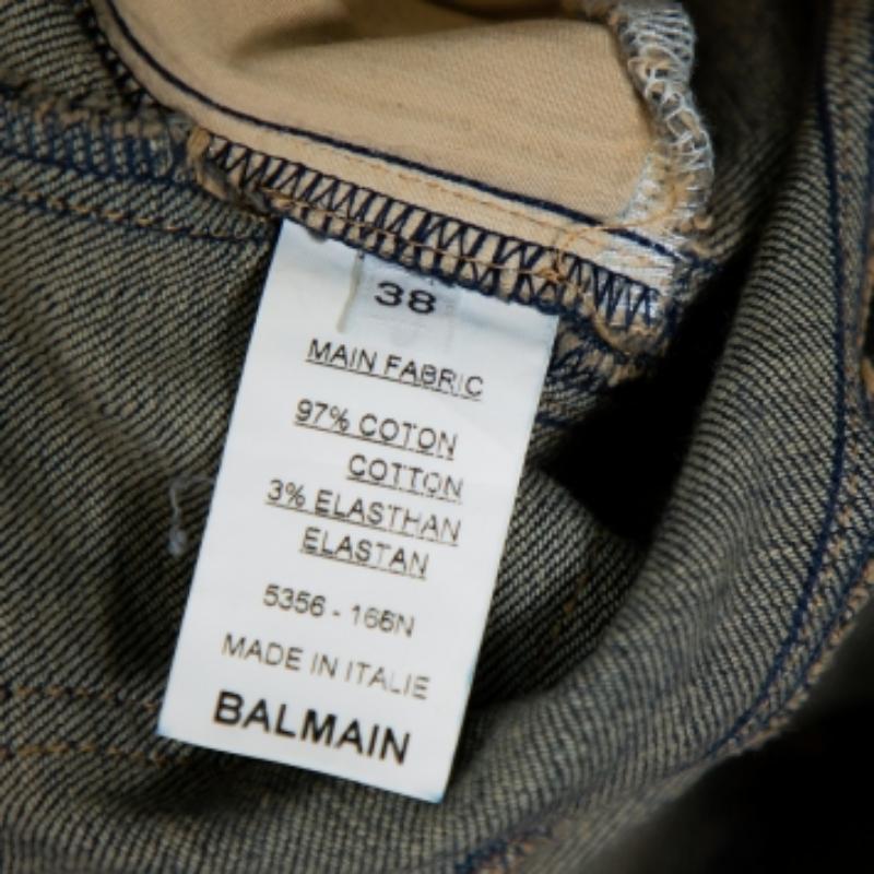 Balmain Blue Denim Quilted Detail Faded Effect Biker Jeans M For Sale 1