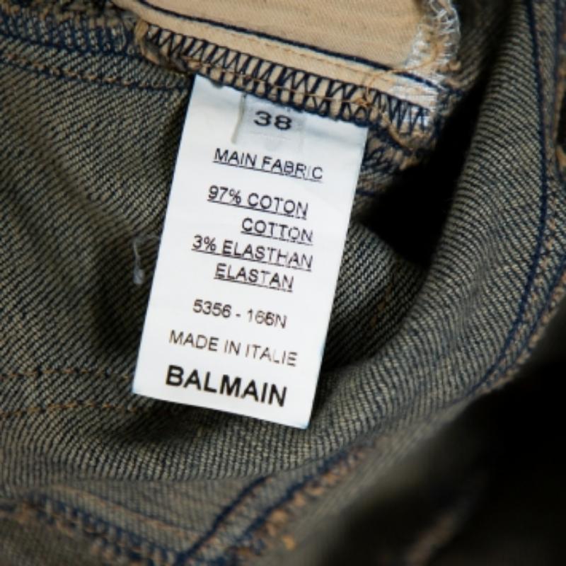 Balmain Blue Denim Quilted Detail Faded Effect Biker Jeans M For Sale 2