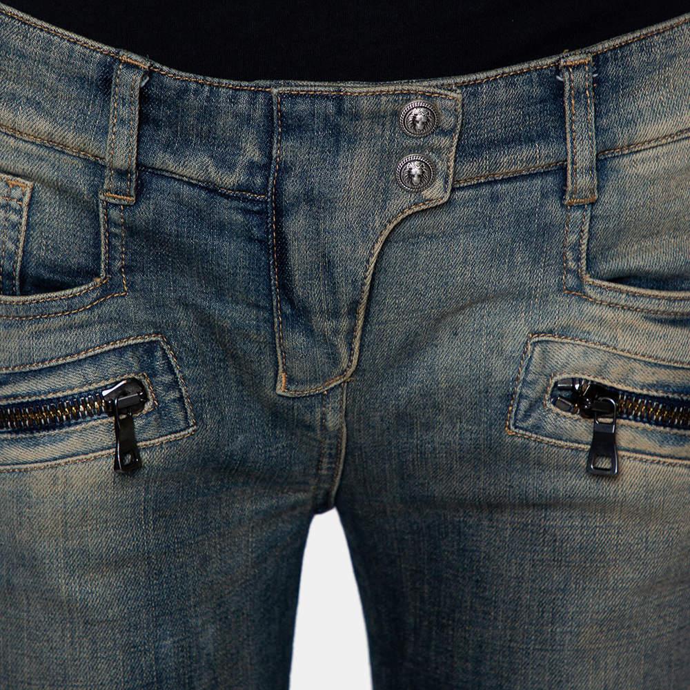 Balmain Blue Denim Quilted Detail Faded Effect Biker Jeans M For Sale 2