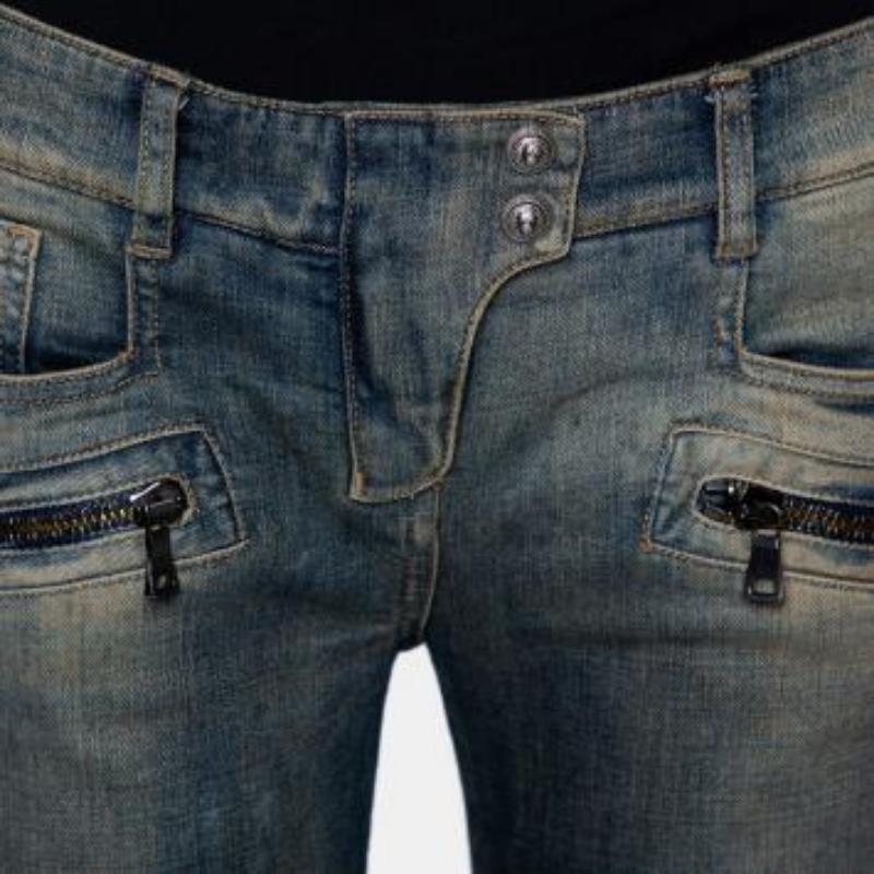 Balmain Blue Denim Quilted Detail Faded Effect Biker Jeans M For Sale 3