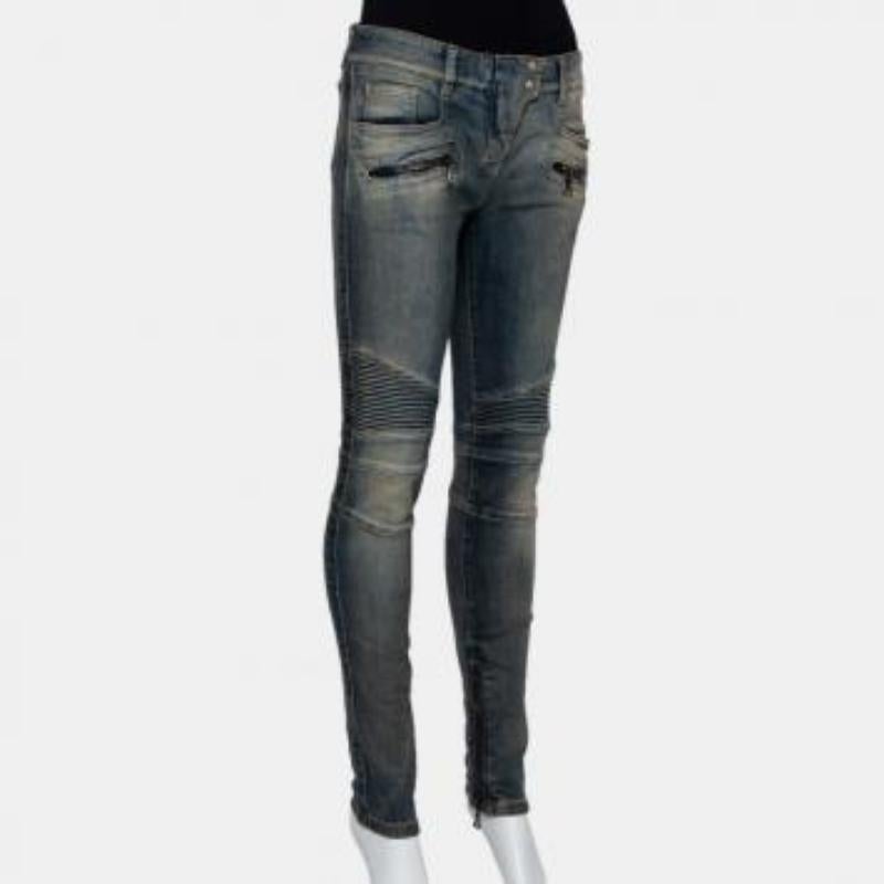 Balmain Blue Denim Quilted Detail Faded Effect Biker Jeans M For Sale 4