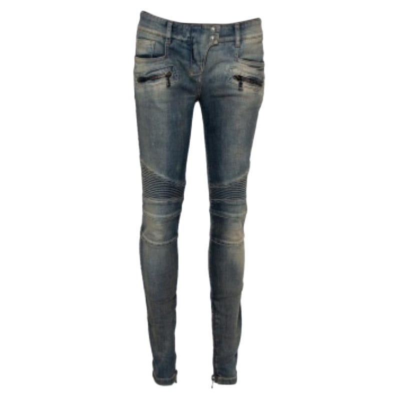 Balmain Blue Denim Quilted Detail Faded Effect Biker Jeans M