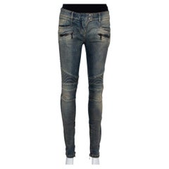 Used Balmain Blue Denim Quilted Detail Faded Effect Biker Jeans M