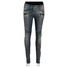 Balmain Blau Denim gesteppt Detail verblasst Effekt Biker Jeans M