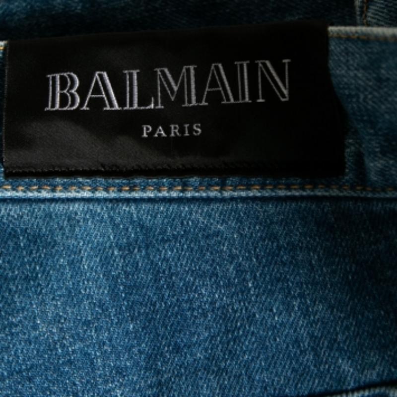 Men's Balmain Blue Distressed Denim Frayed Edge Detail Shorts M For Sale