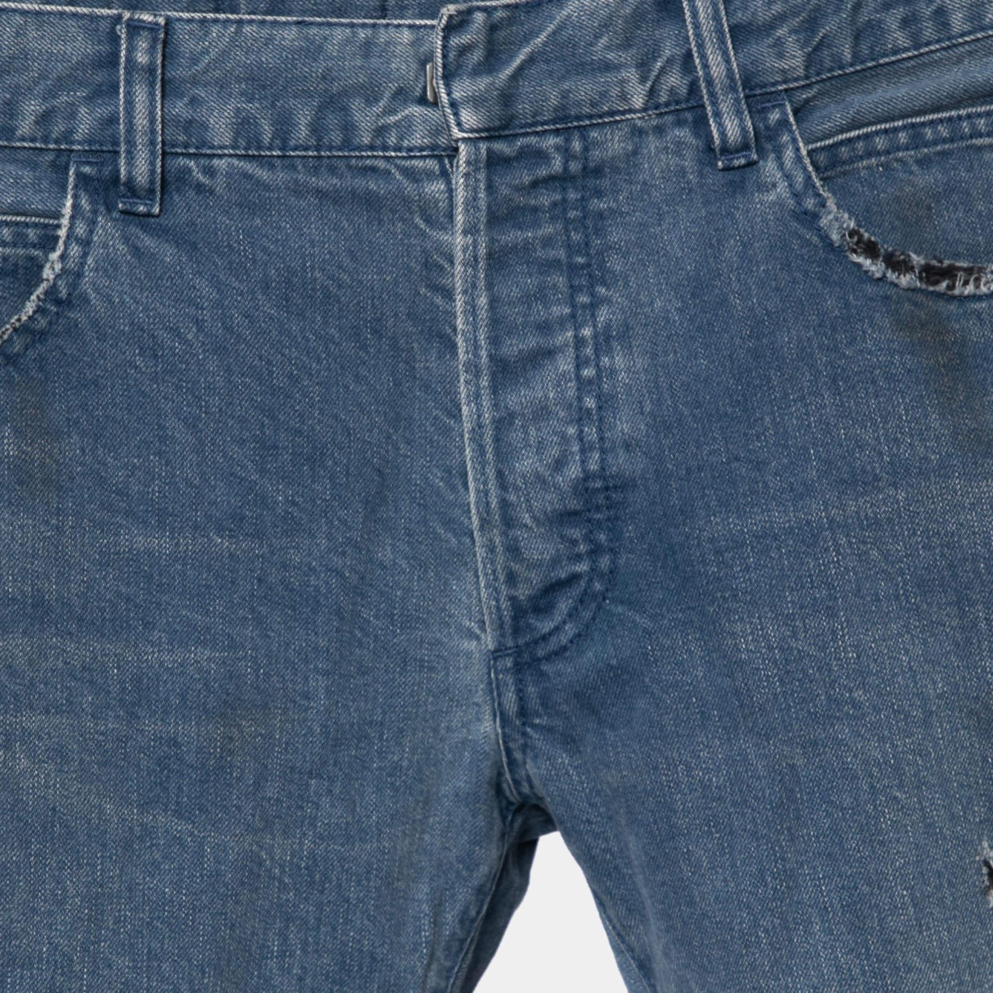 Balmain Blue Distressed Denim Frayed Edged Shorts M In Good Condition For Sale In Dubai, Al Qouz 2