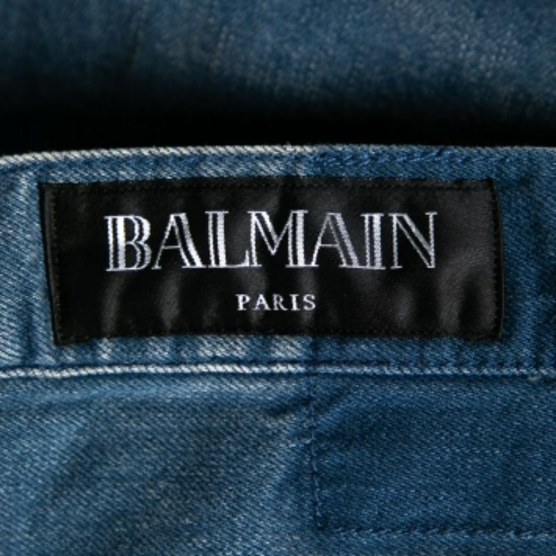 Balmain Blue Distressed Denim Frayed Edged Shorts M For Sale 1