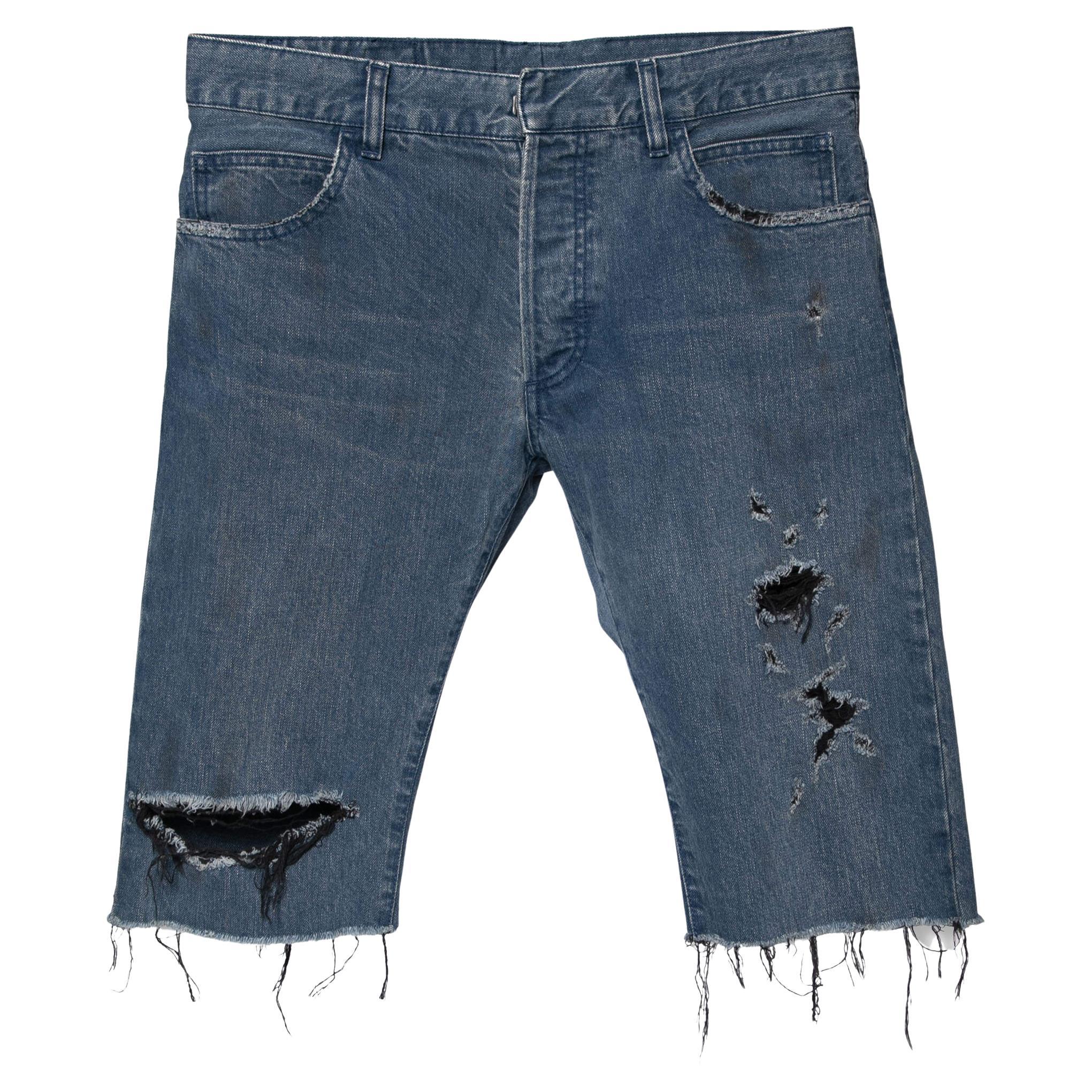 Balmain Blue Distressed Denim Frayed Edged Shorts M