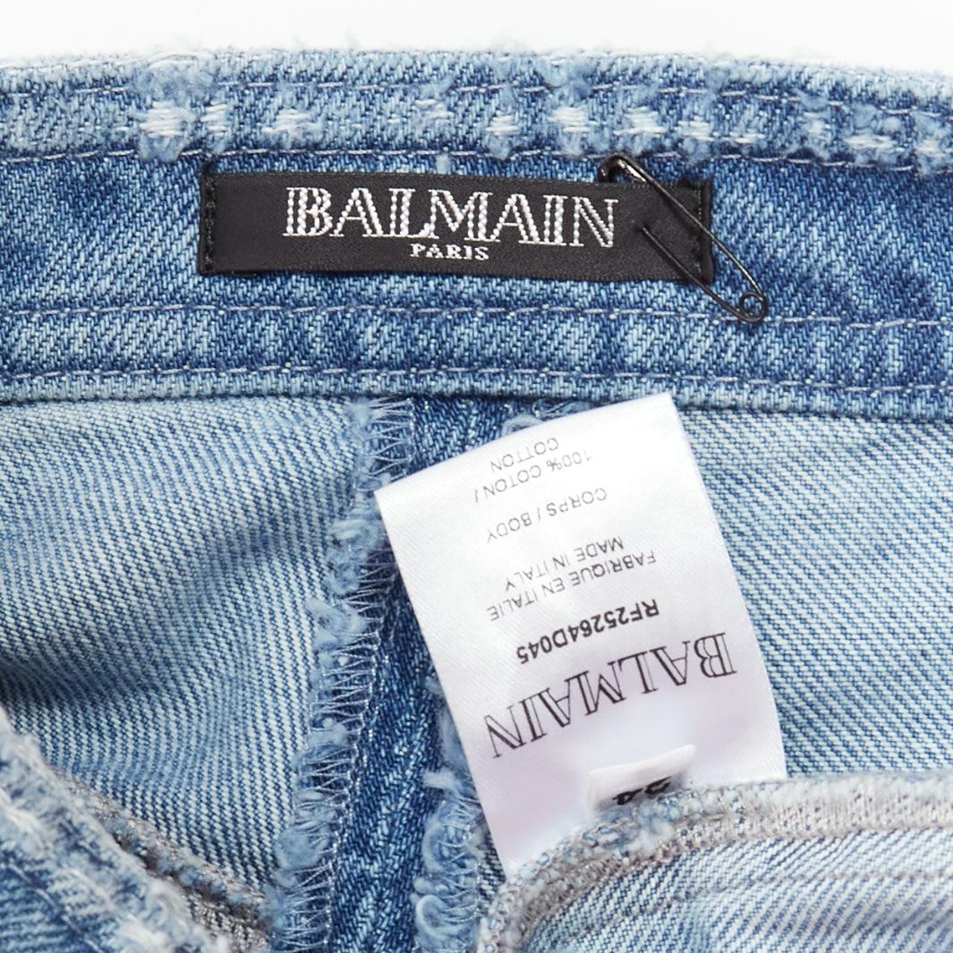 BALMAIN blue distressed denim gold buttons high waisted cargo shorts FR34 XS For Sale 5