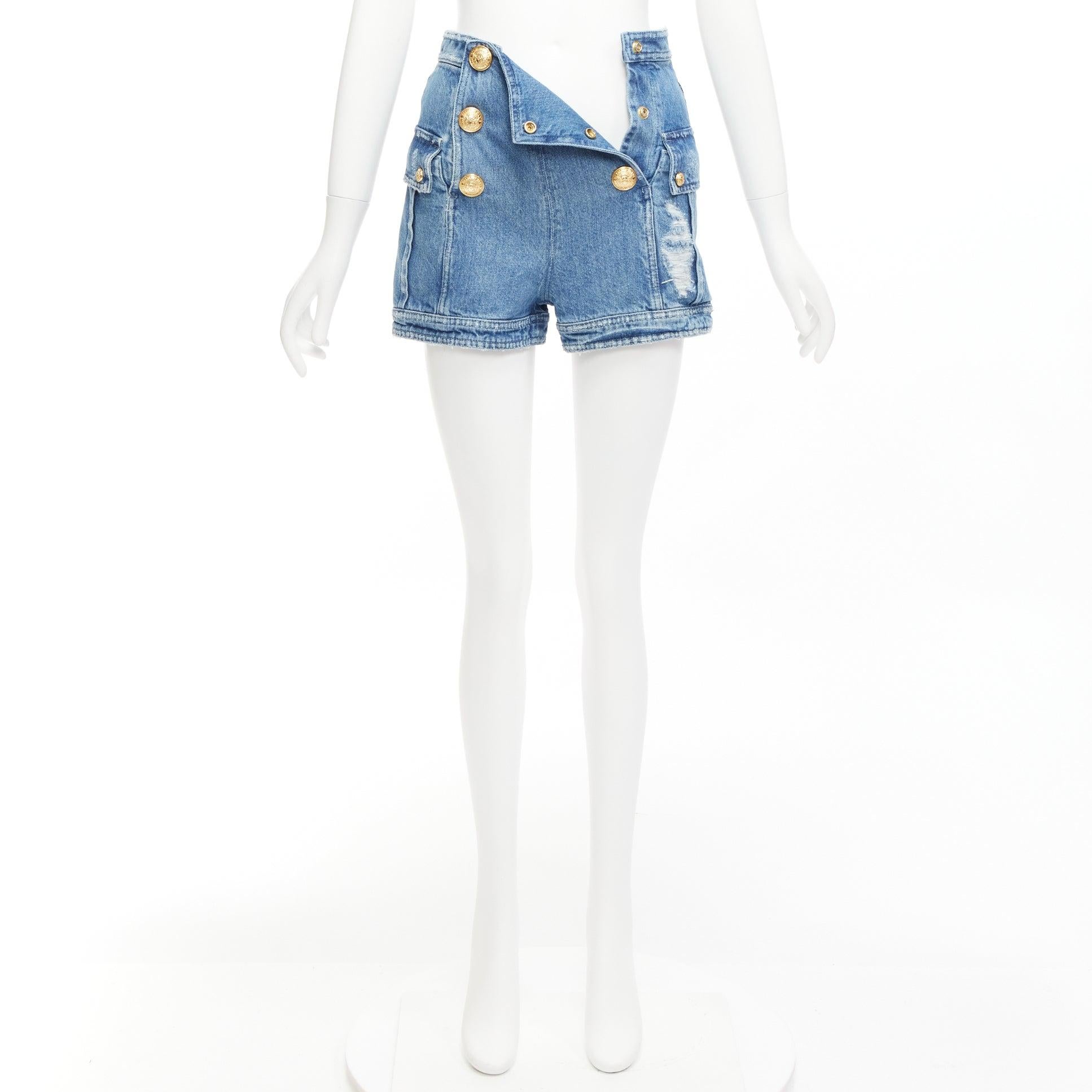 BALMAIN blue distressed denim gold buttons high waisted cargo shorts FR34 XS For Sale 6