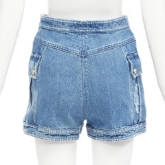 BALMAIN blue distressed denim gold buttons high waisted cargo shorts FR34 XS