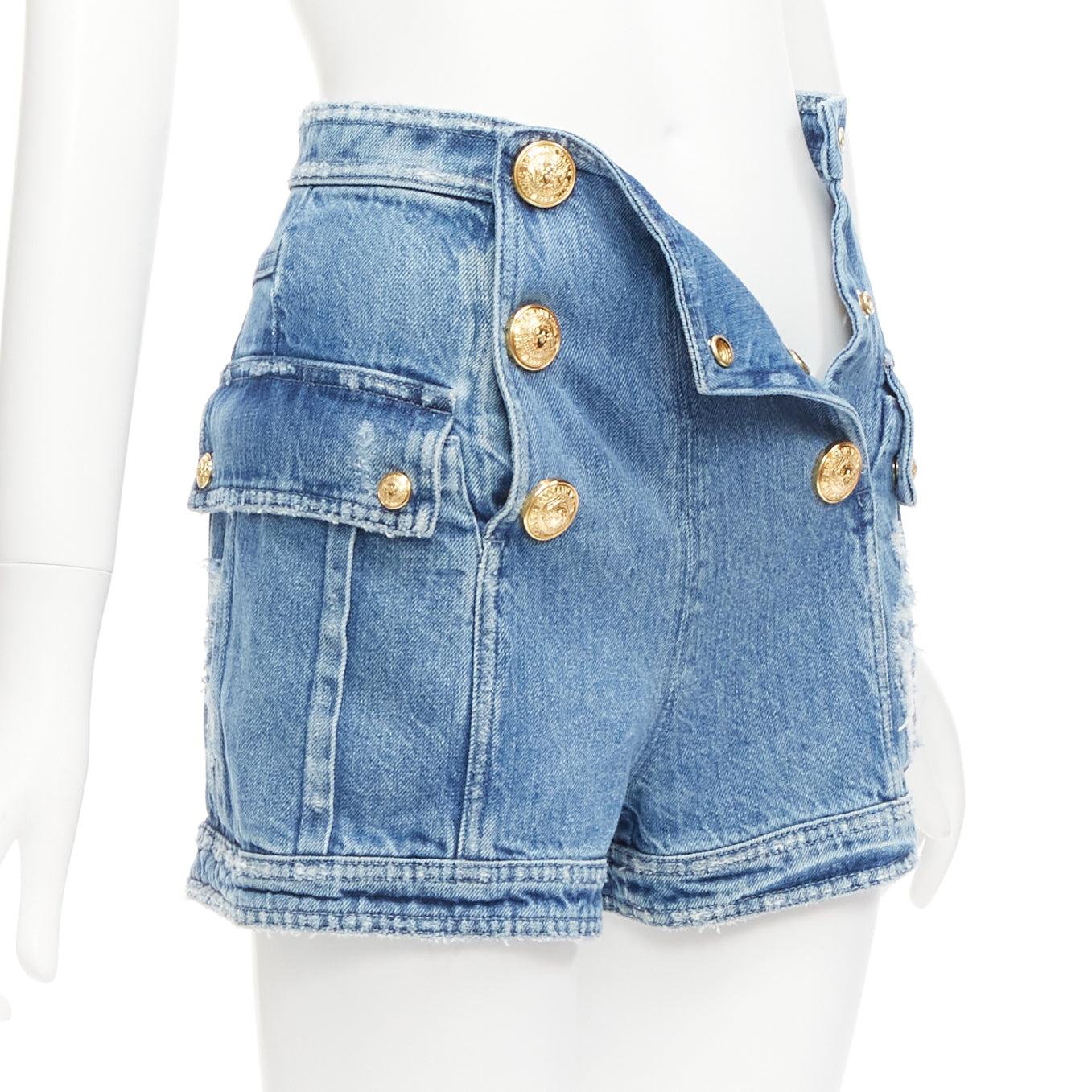 Women's BALMAIN blue distressed denim gold buttons high waisted cargo shorts FR34 XS For Sale