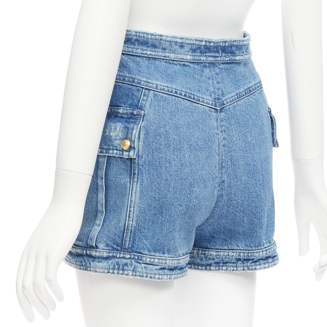 BALMAIN blue distressed denim gold buttons high waisted cargo shorts FR34 XS For Sale 1