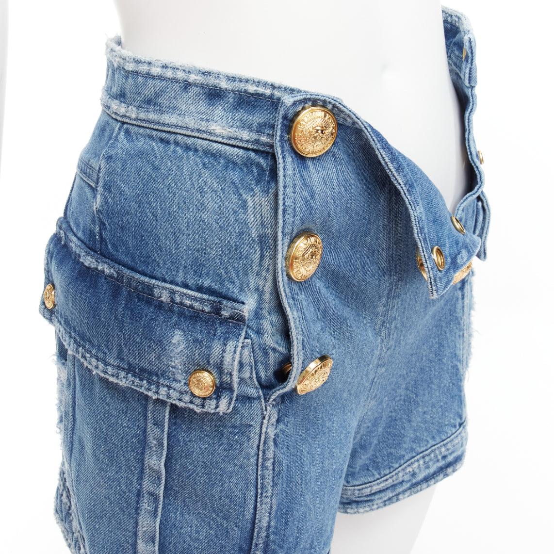 BALMAIN blue distressed denim gold buttons high waisted cargo shorts FR34 XS For Sale 2