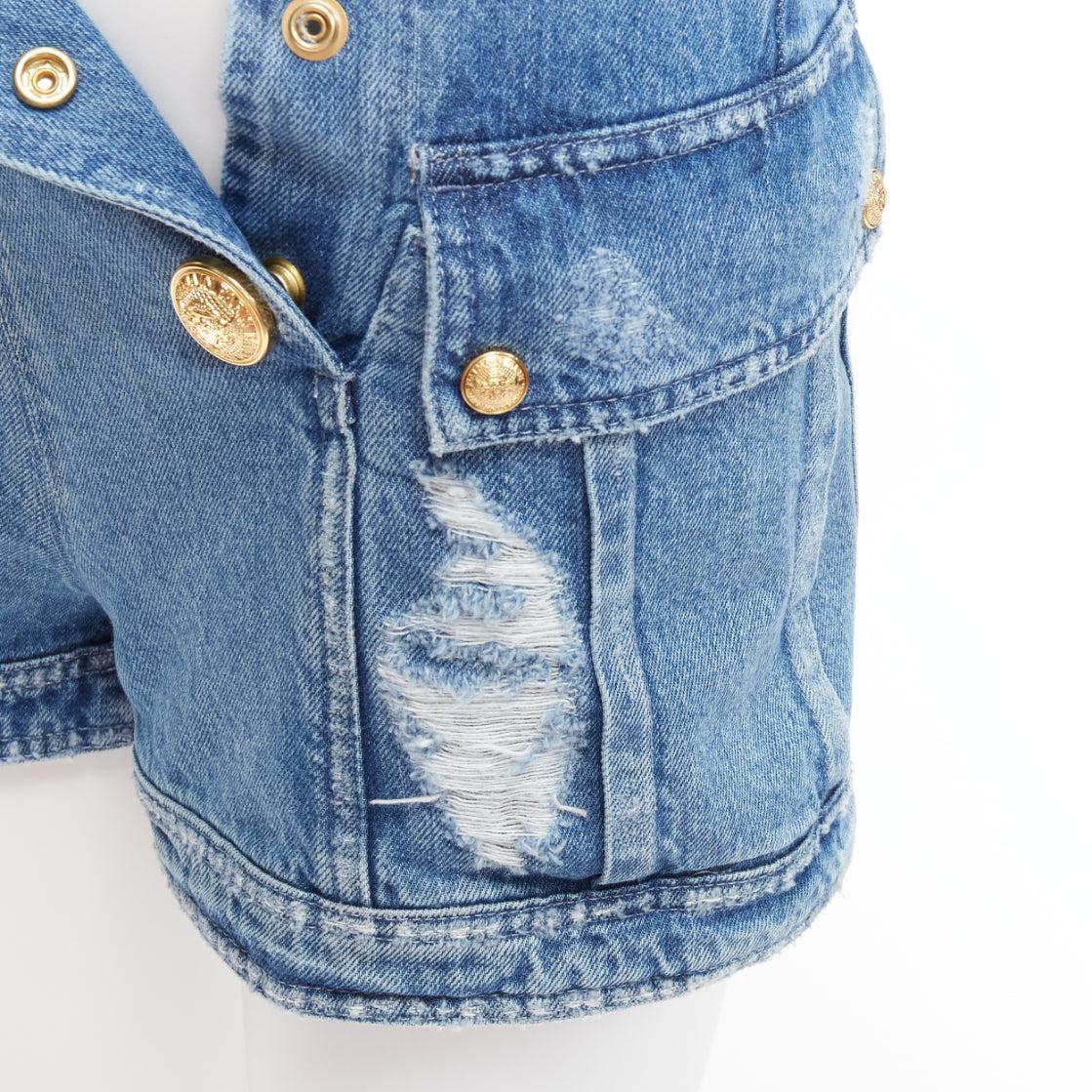 BALMAIN blue distressed denim gold buttons high waisted cargo shorts FR34 XS For Sale 4
