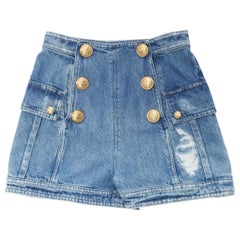 BALMAIN vaquero azul desgastado botones dorados pantalones cortos cargo de cintura alta FR34 XS
