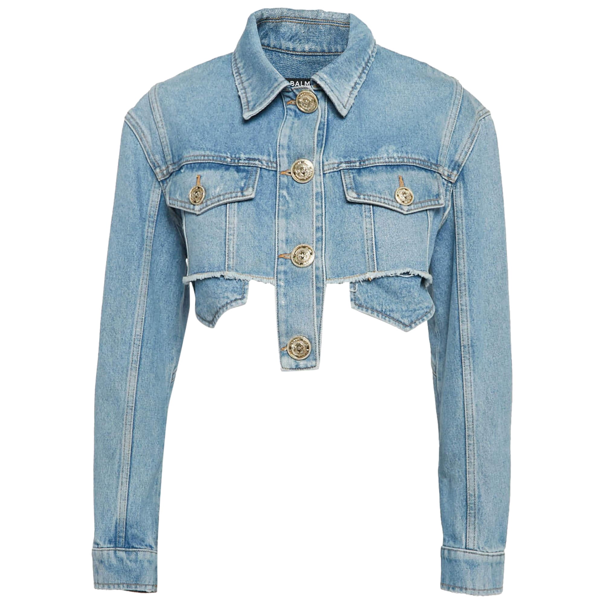 Balmain Blue Distressed Denim Raw Edge Crop Jacket S