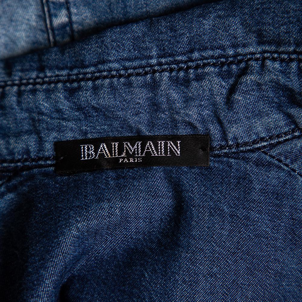 Balmain Blue Faded Effect Denim Pocket Detailed Button Front Sleeveless Shirt S For Sale 1