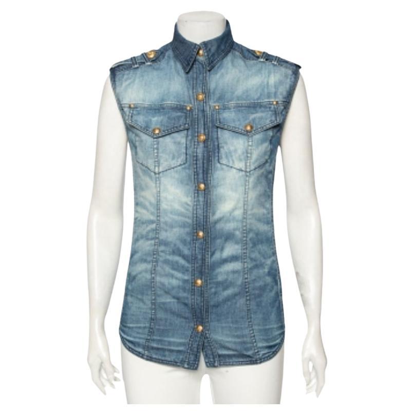 Balmain Blu Effetto sbiadito Denim Tasca Dettagliata Camicia senza maniche S