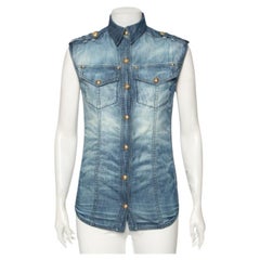 Balmain Blau Verblasste Denim Tasche Detaillierte Knopfleiste Vorderseite ärmelloses Hemd S