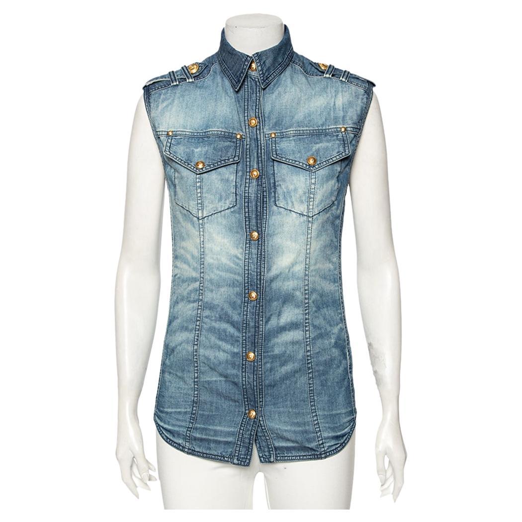 Balmain Blue Faded Effect Denim Pocket Detailed Button Front Sleeveless Shirt S For Sale