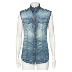 Balmain Blue Faded Effect Denim Pocket Detailed Button Front Sleeveless Shirt S