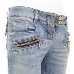 BALMAIN blue faded washed ribbed denim moto biker jeans FR36 S
