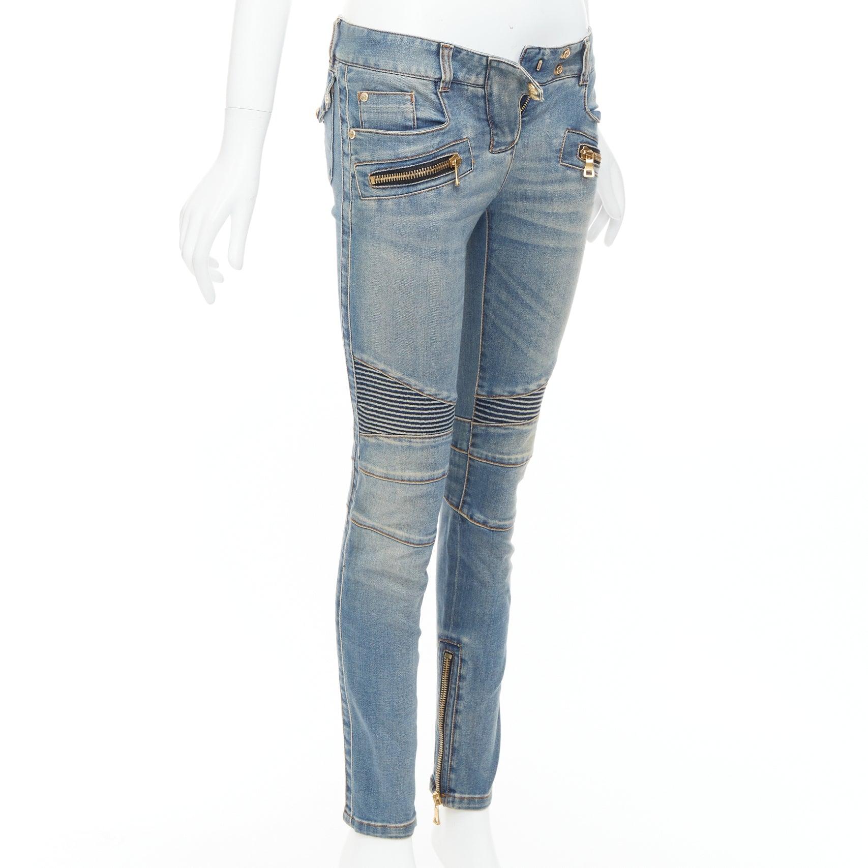 BALMAIN Blaue, verblasste, gewaschene, gerippte Denim-Moto-Bikerjacke FR36 S (Grau) im Angebot