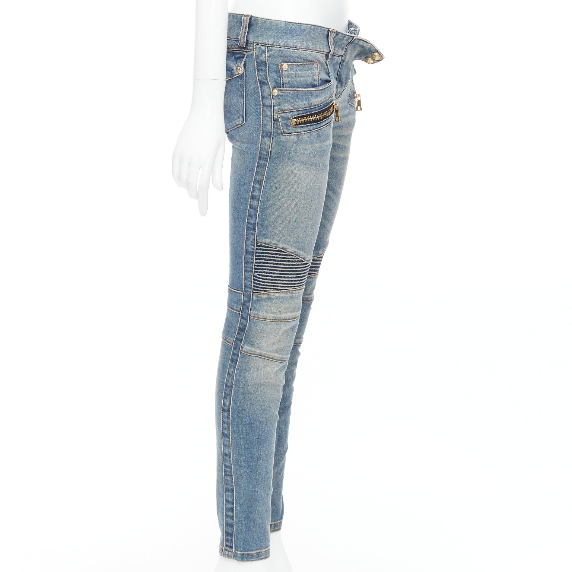 BALMAIN Blaue, verblasste, gewaschene, gerippte Denim-Moto-Bikerjacke FR36 S im Zustand „Gut“ im Angebot in Hong Kong, NT
