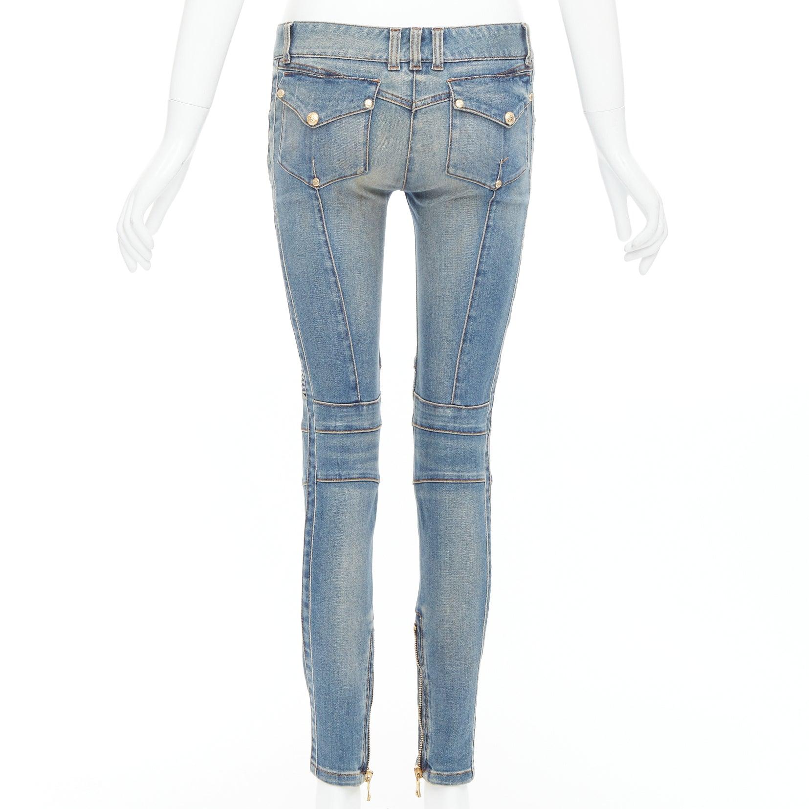 BALMAIN Blaue, verblasste, gewaschene, gerippte Denim-Moto-Bikerjacke FR36 S Damen im Angebot