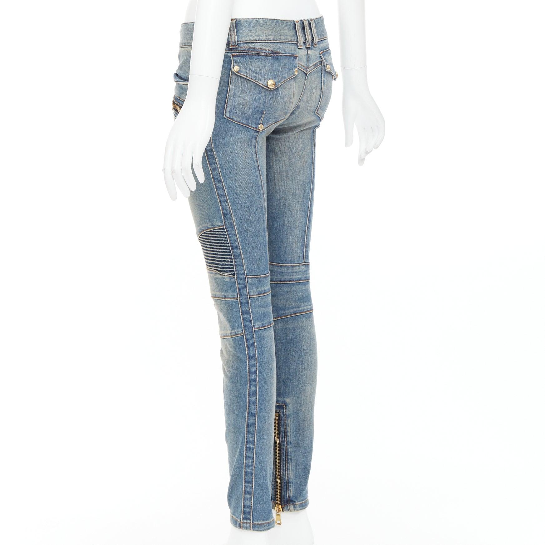 BALMAIN Blaue, verblasste, gewaschene, gerippte Denim-Moto-Bikerjacke FR36 S im Angebot 1