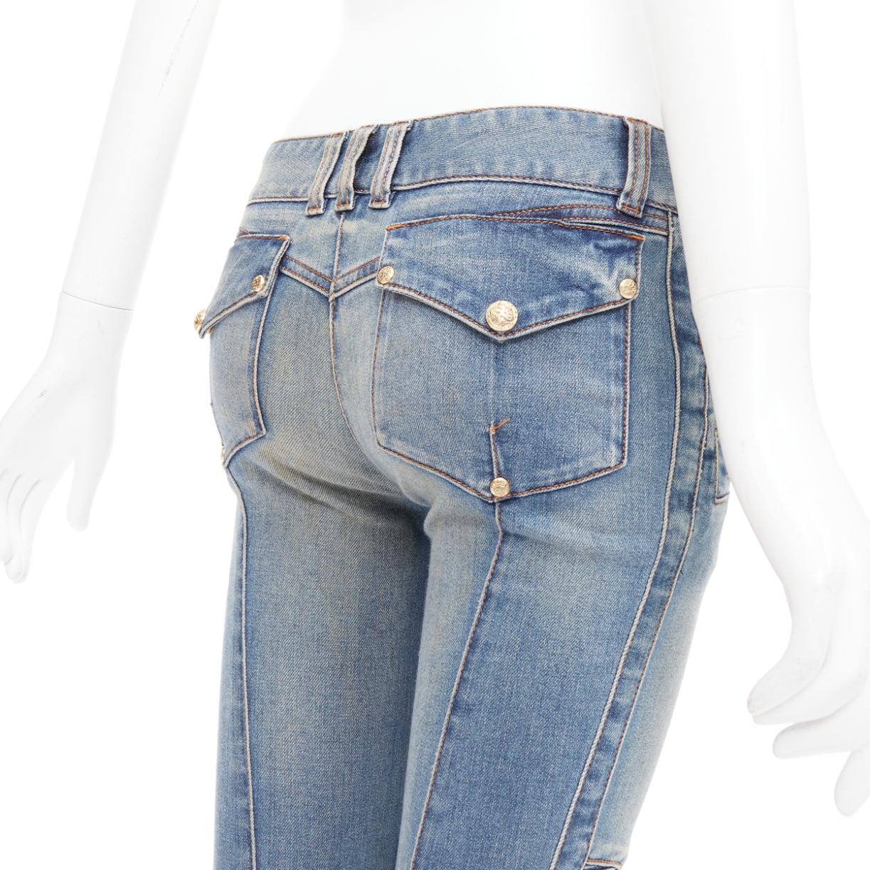BALMAIN Blaue, verblasste, gewaschene, gerippte Denim-Moto-Bikerjacke FR36 S im Angebot 2