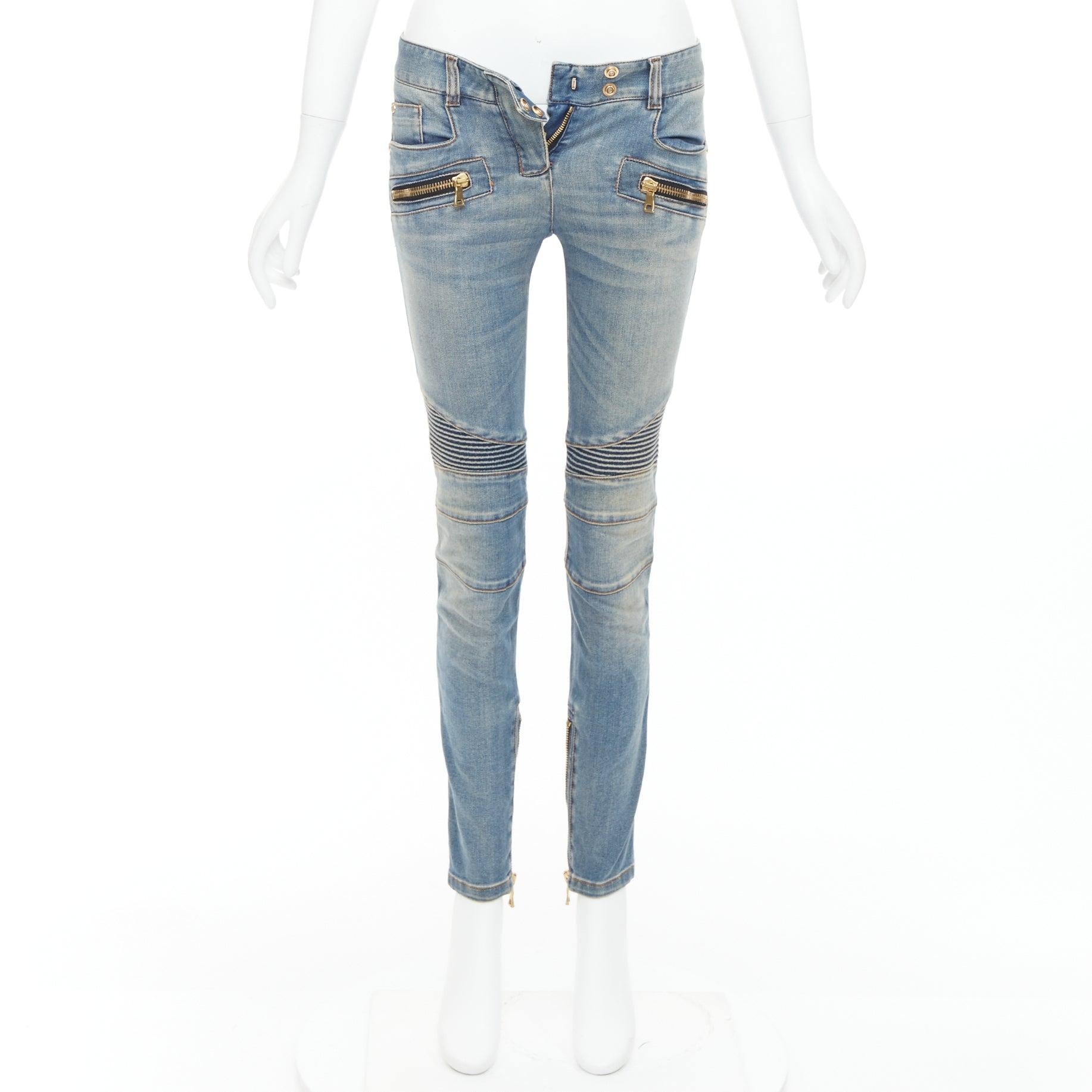 BALMAIN Blaue, verblasste, gewaschene, gerippte Denim-Moto-Bikerjacke FR36 S im Angebot 4