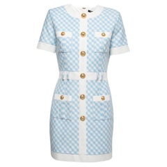 Balmain Blue Gingham Patterned Cotton Button-Embellished Mini Dress M