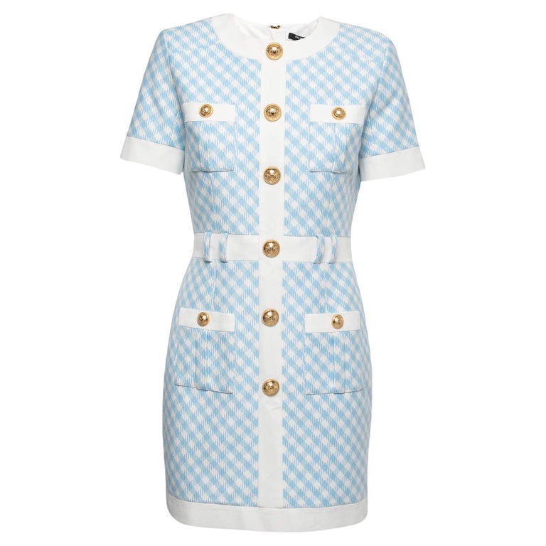 Balmain Gingham Patterned Cotton Button-Embellished Mini Dress M at 1stDibs