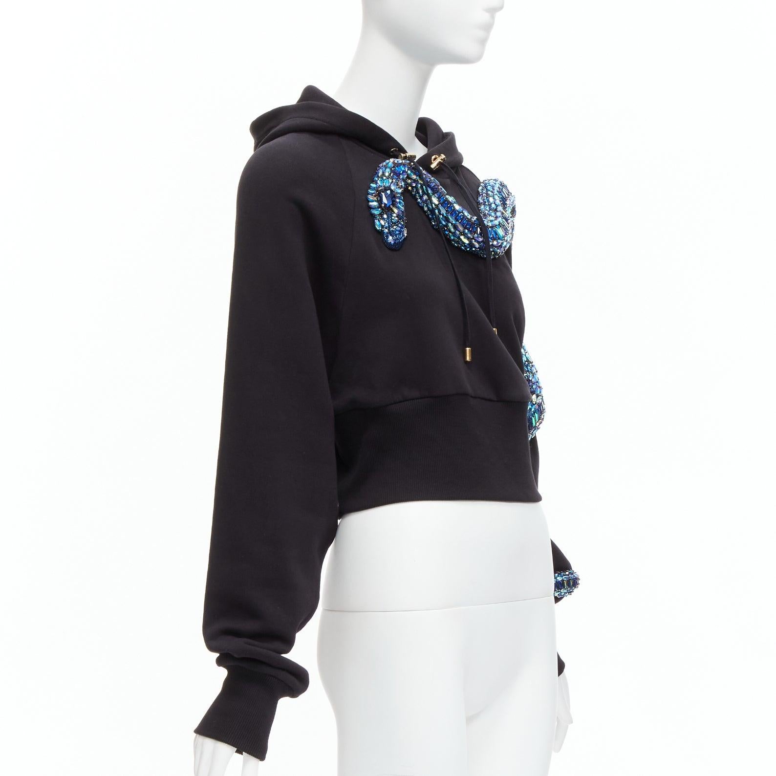 BALMAIN blue jewel embellished snake motif black cotton cropped hoodie XS In Excellent Condition In Hong Kong, NT