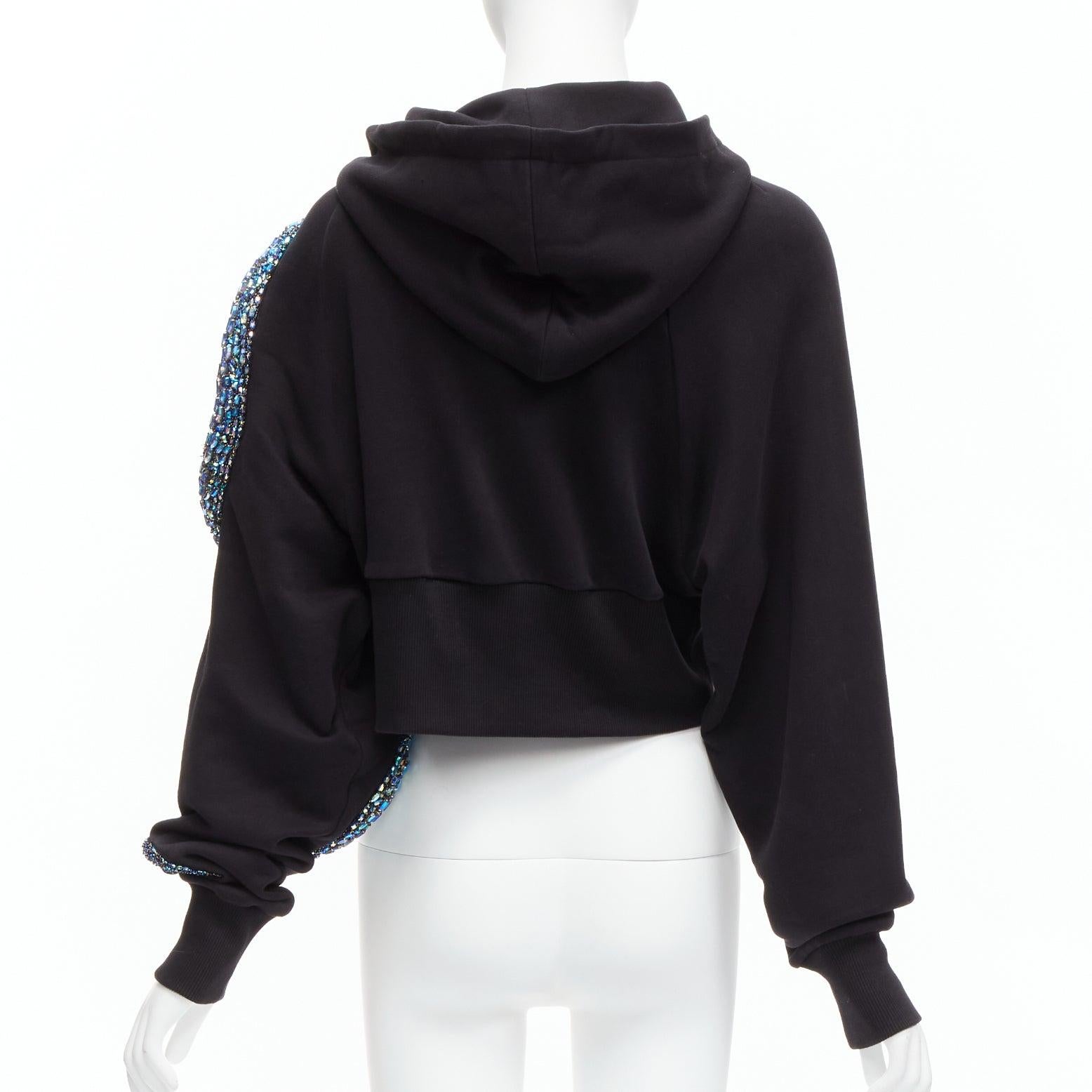BALMAIN blue jewel embellished snake motif black cotton cropped hoodie XS 1