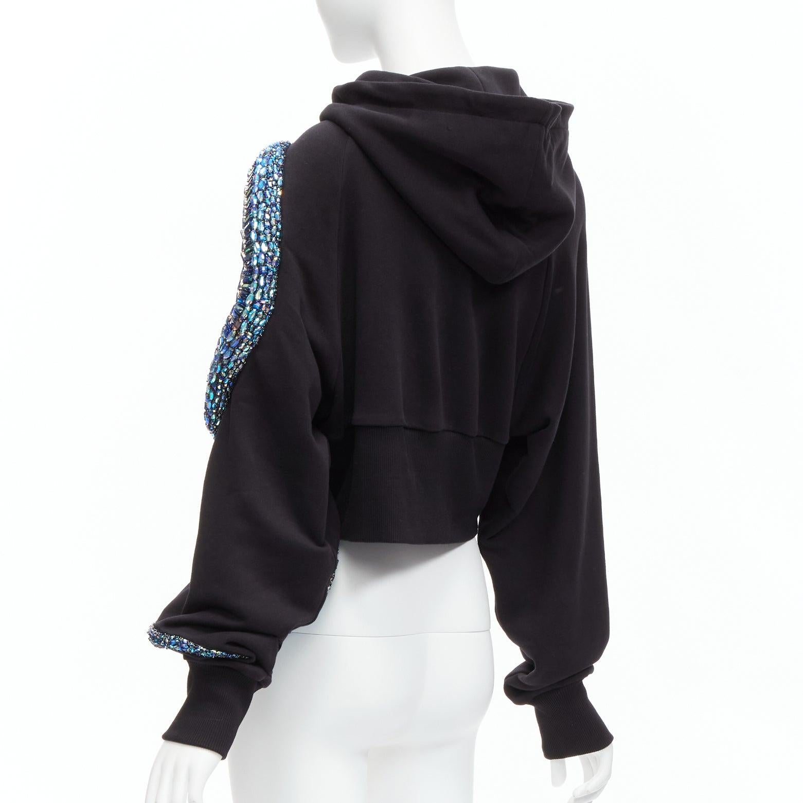 BALMAIN blue jewel embellished snake motif black cotton cropped hoodie XS 2