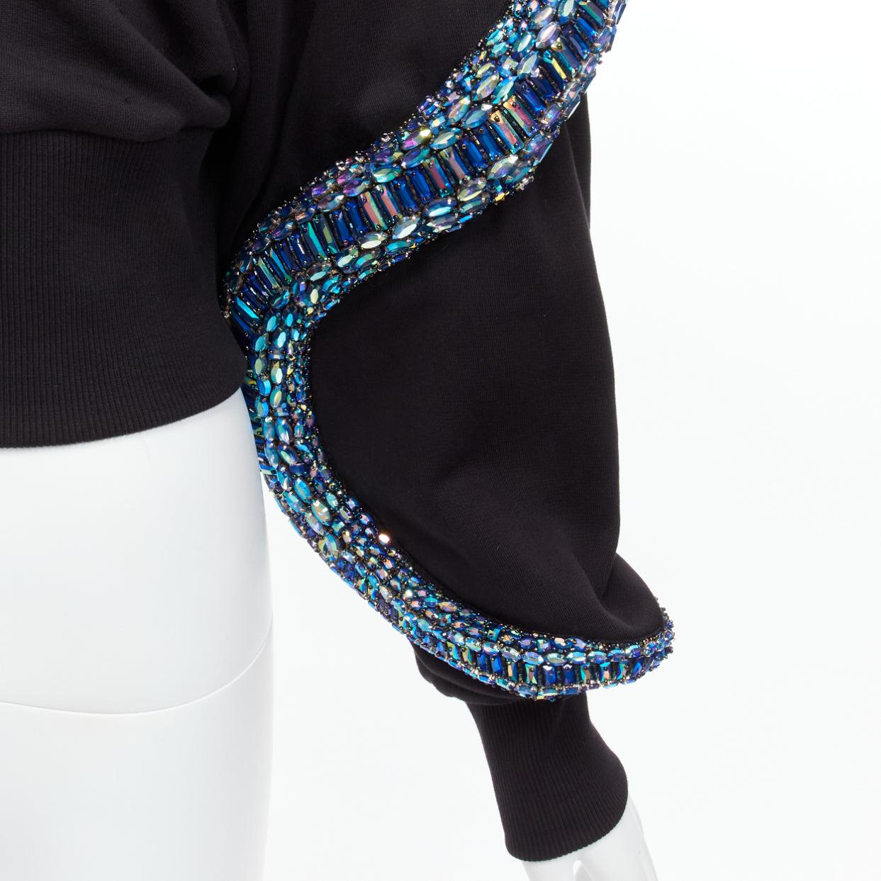 BALMAIN blue jewel embellished snake motif black cotton cropped hoodie XS 3