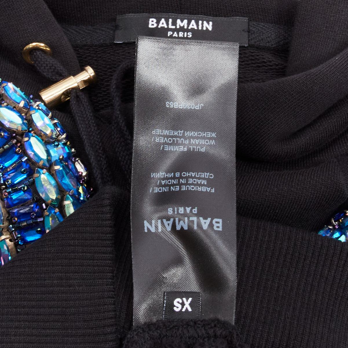 BALMAIN blue jewel embellished snake motif black cotton cropped hoodie XS 4