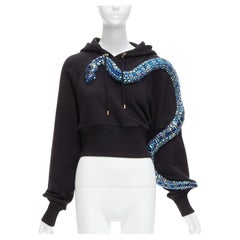 BALMAIN blue jewel embellished snake motif black cotton cropped hoodie XS