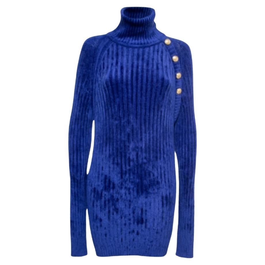 Balmain Blue Knit Button Embellished Turtleneck Sweater Dress M en vente