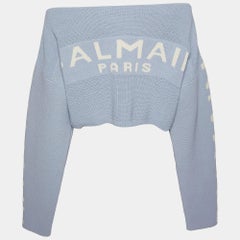 Balmain Blue Logo Intarsia Knit Cropped Off Shoulder Pullover L