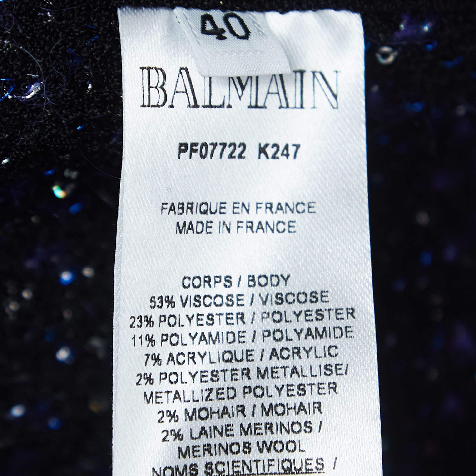 Veste ouverte sur le devant Balmain en tweed bleu à franges M Pour femmes en vente