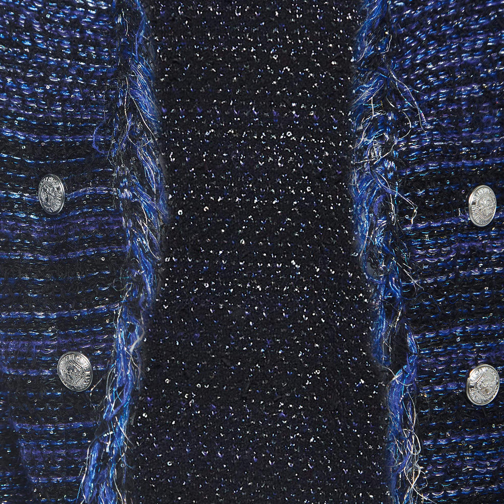 Women's Balmain Blue Lurex Tweed Fringed Open Front Jacket M