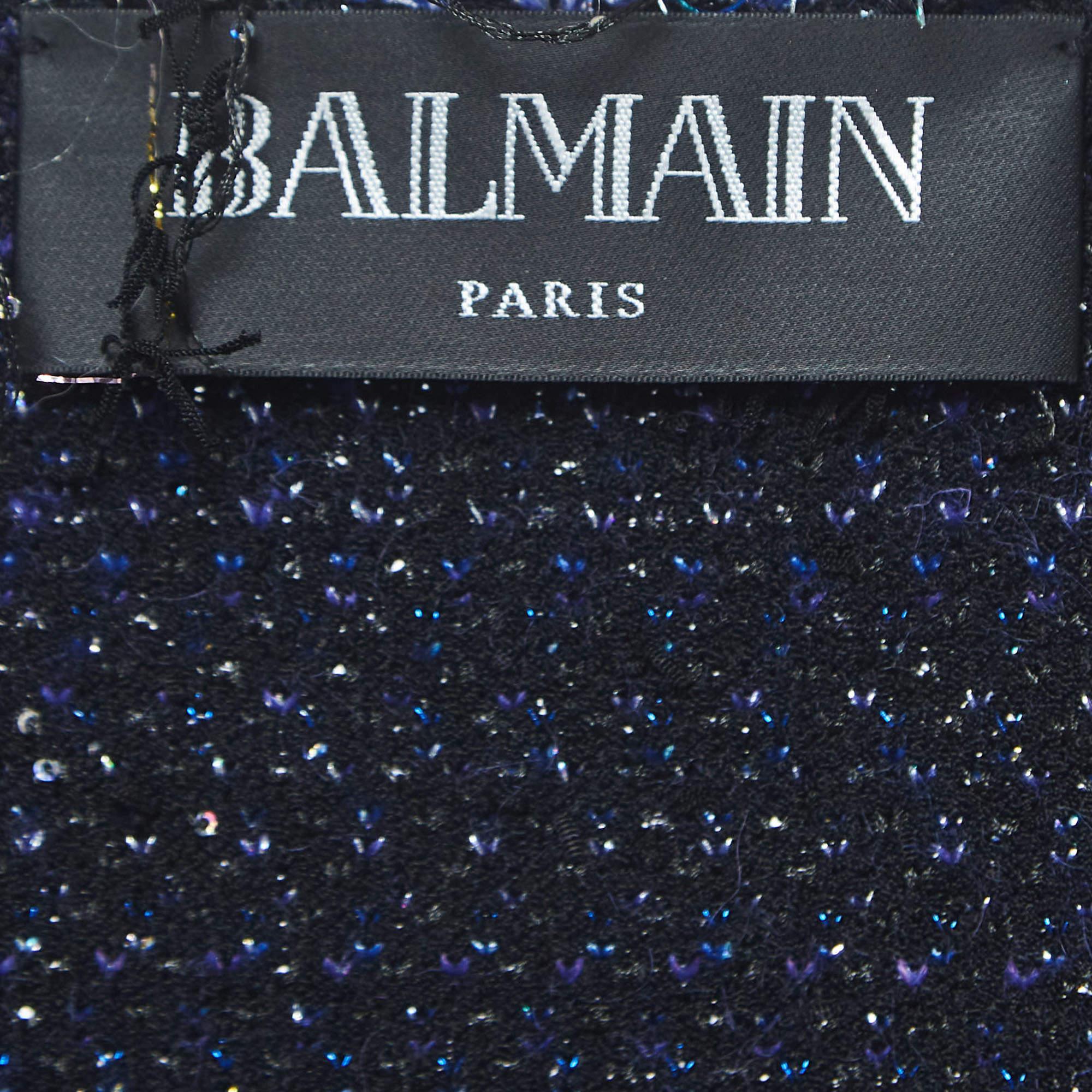 Balmain Blue Lurex Tweed Fringed Open Front Jacket M For Sale 1