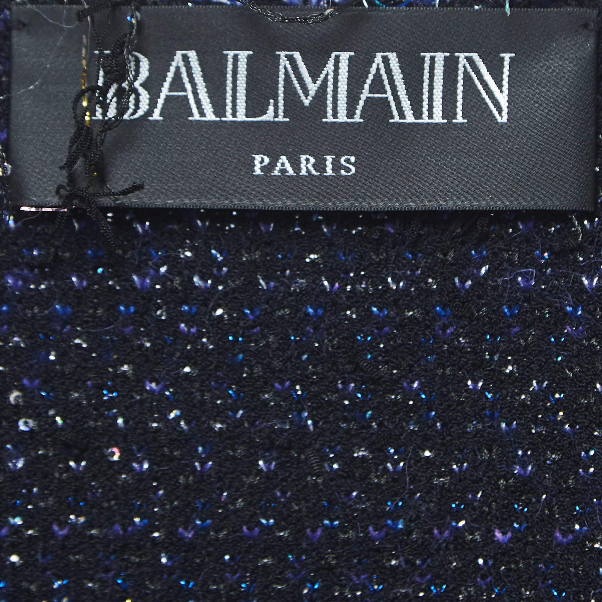 Balmain Blue Lurex Tweed Fringed Open Front Jacket M 1