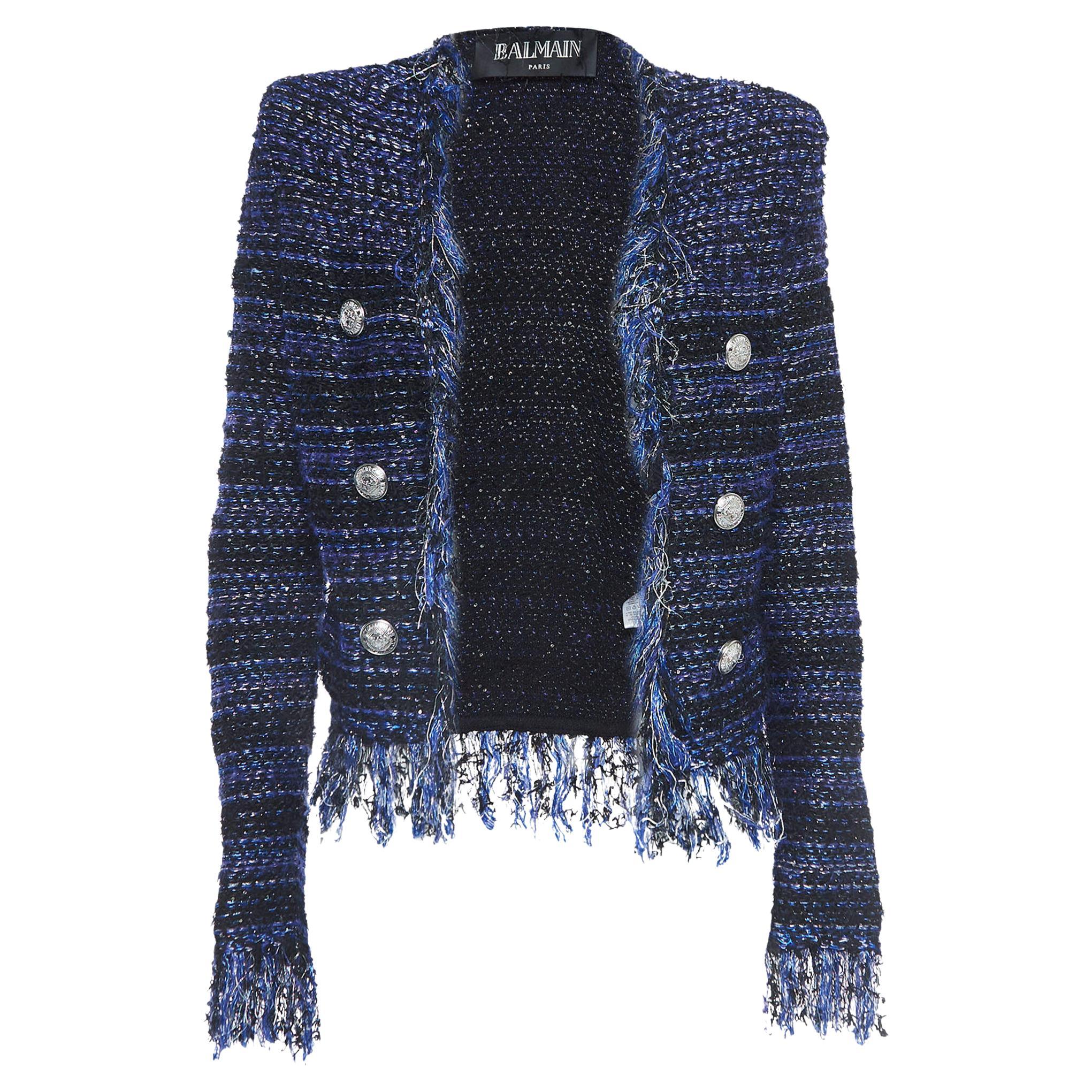 Balmain Blue Lurex Tweed Fringed Open Front Jacket M For Sale